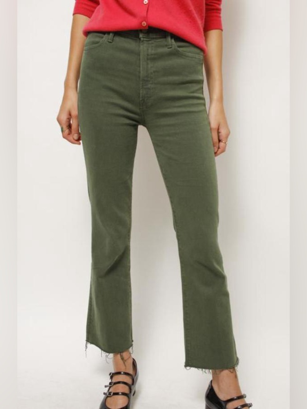 MOTHER‎ The Hustler High Rise Raw Hem Ankle Jeans, Military Green, Size 24, NWT